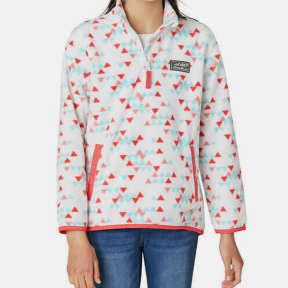 Girl’s Eddie Bauer Fleece White Red Aqua Print 1/4 Zip Pullover - Picture 1 of 5